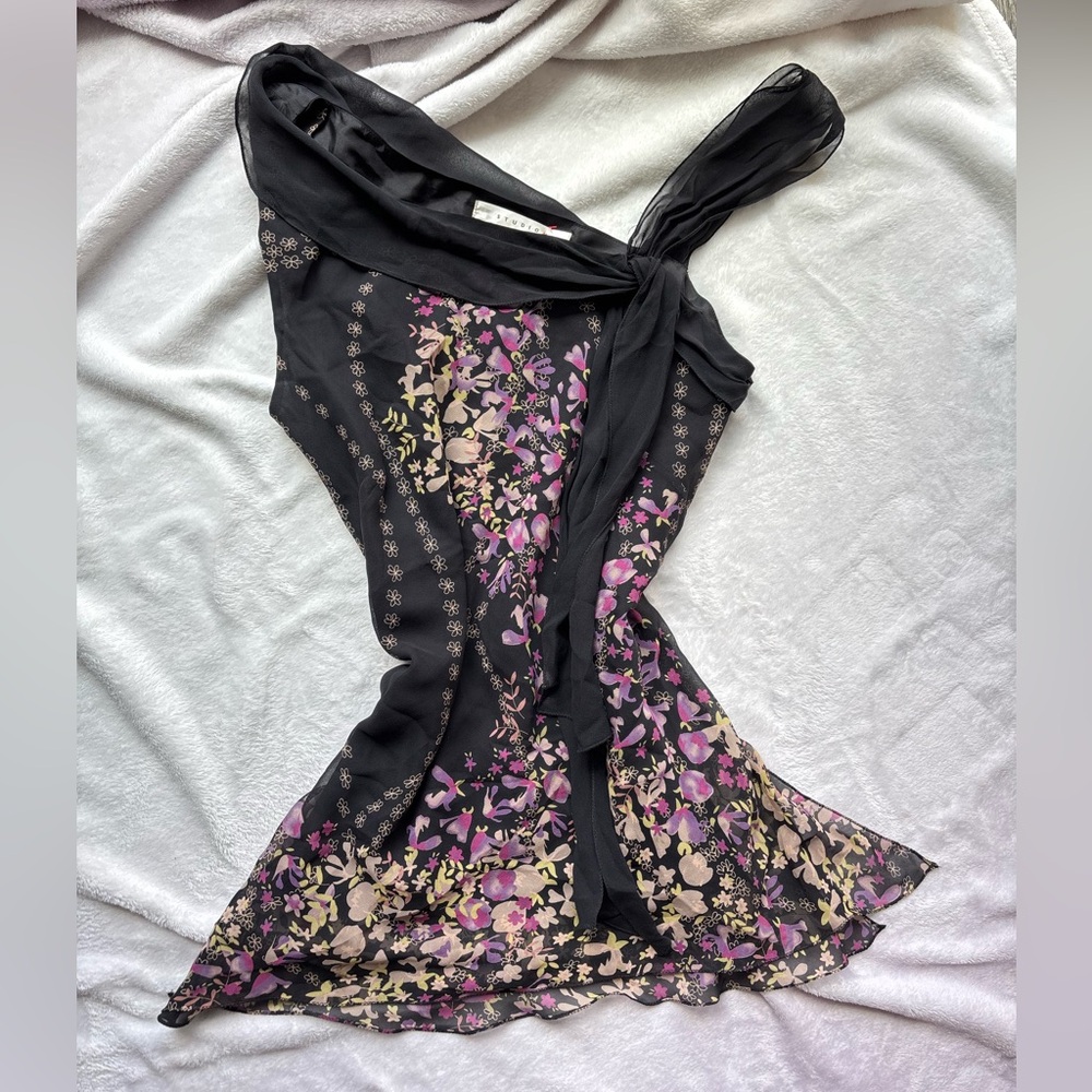 Studio M Floral Black and Purple Silk  Sheer top